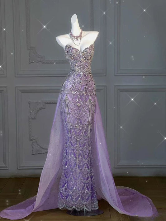Vintage Lilac Beaded Strapless Sheath Evening Gown TP5180