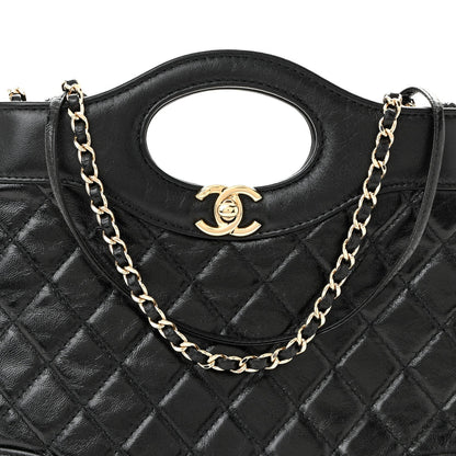 Shiny Crumpled Calfskin Quilted Mini 31 Shopping Bag Black