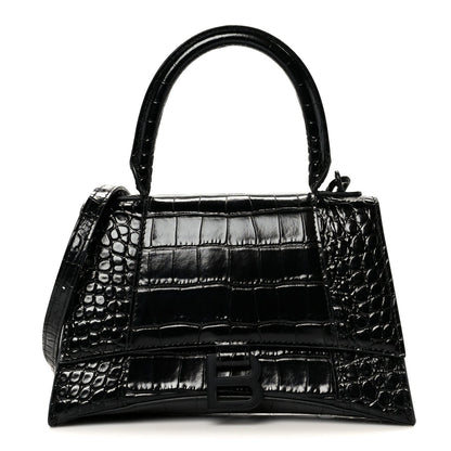 Shiny Calfskin Monochrome Crocodile Embossed Small Hourglass Top Handle Bag Black