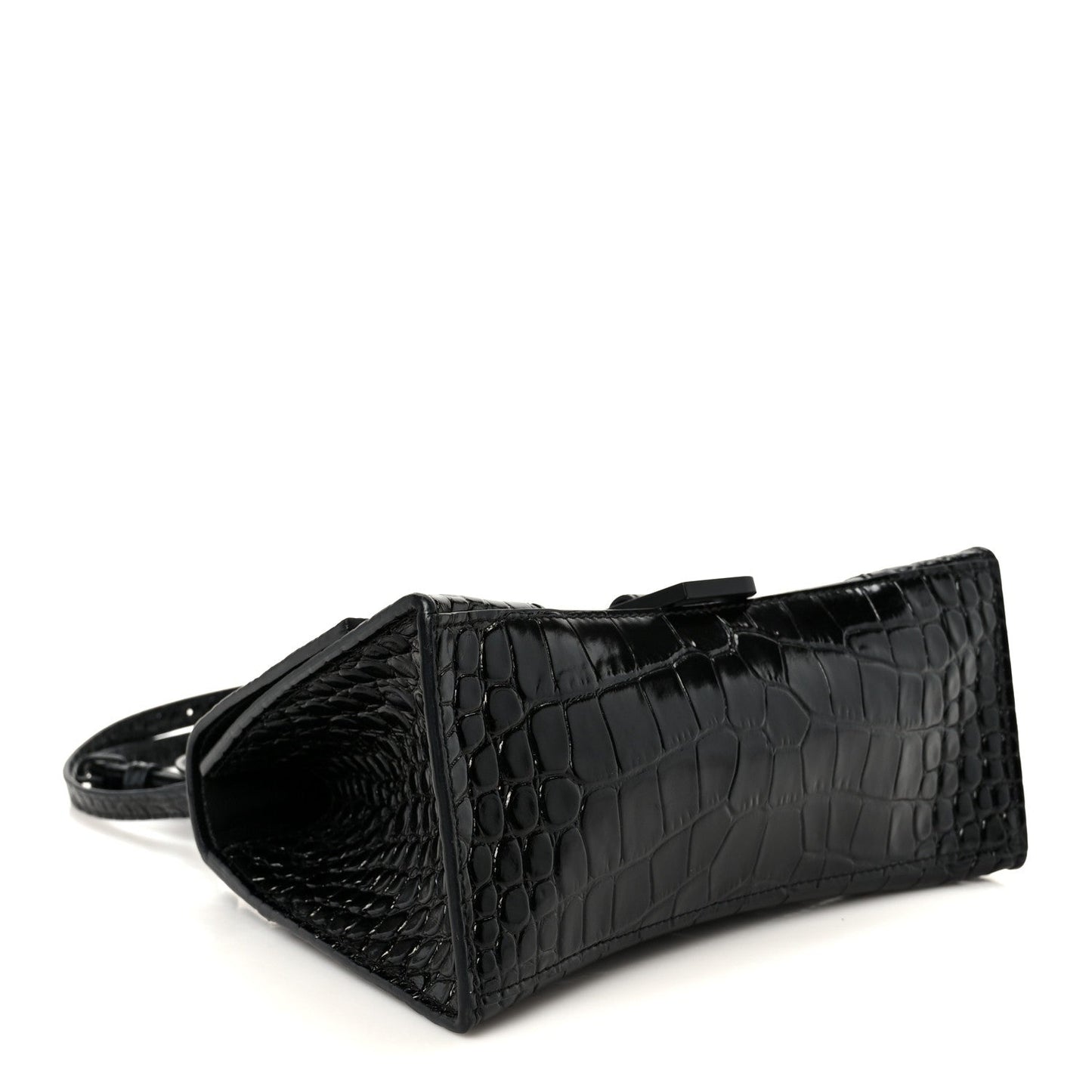 Shiny Calfskin Monochrome Crocodile Embossed Small Hourglass Top Handle Bag Black