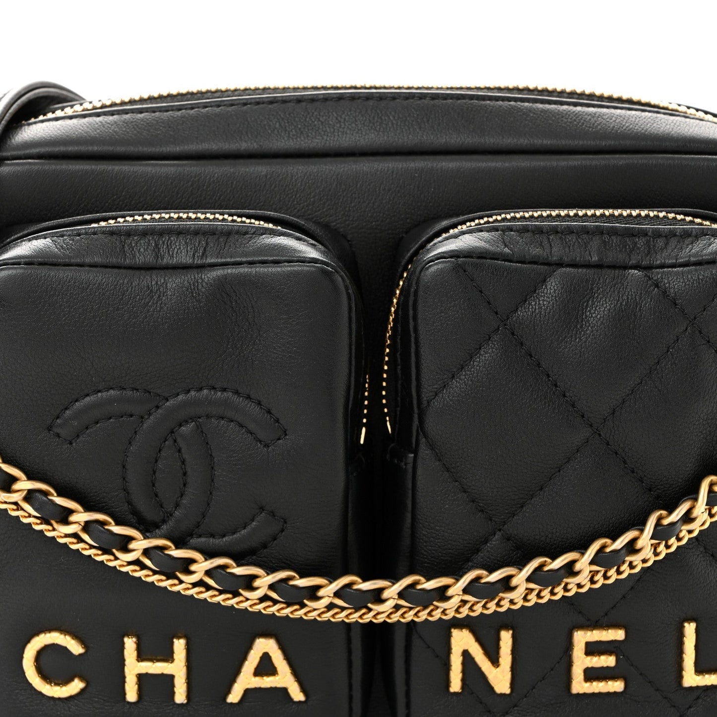 Calfskin Quilted Small Camera Case Black