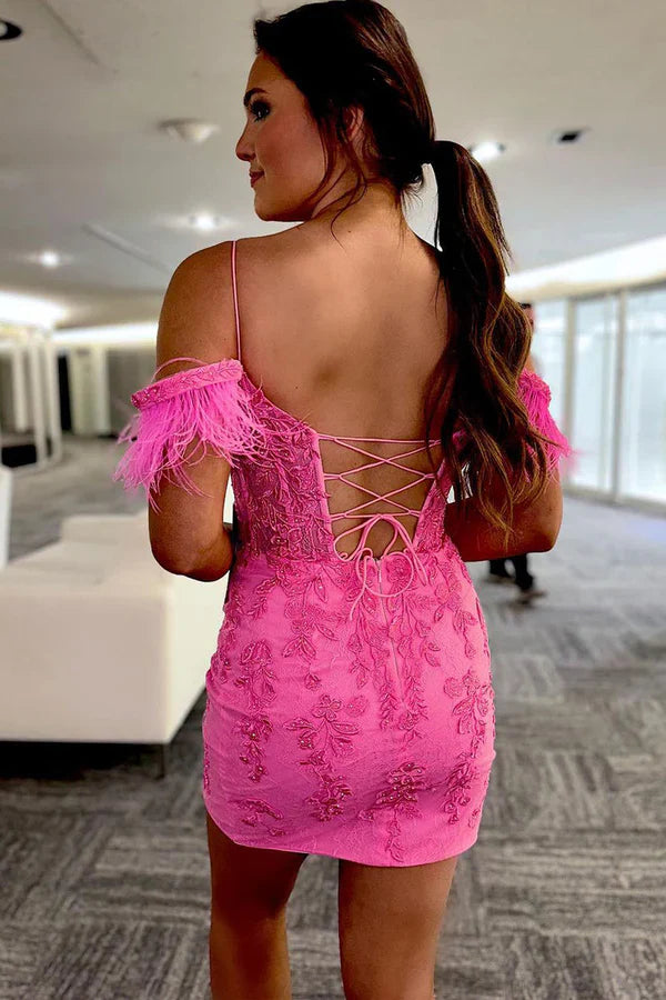 omberprom Fashion Evening Dress Sheath Off the Shoulder Pink Lace Homecoming Dress