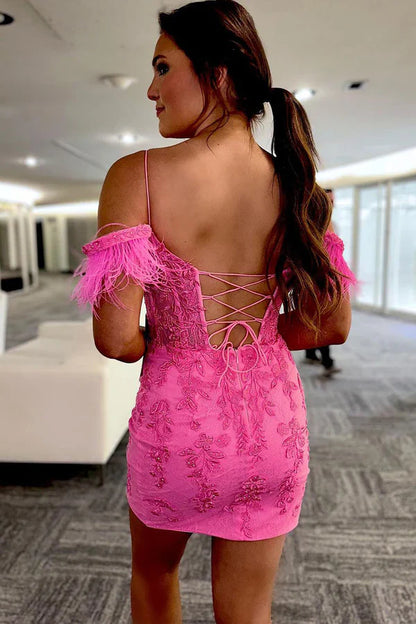 omberprom Fashion Evening Dress Sheath Off the Shoulder Pink Lace Homecoming Dress