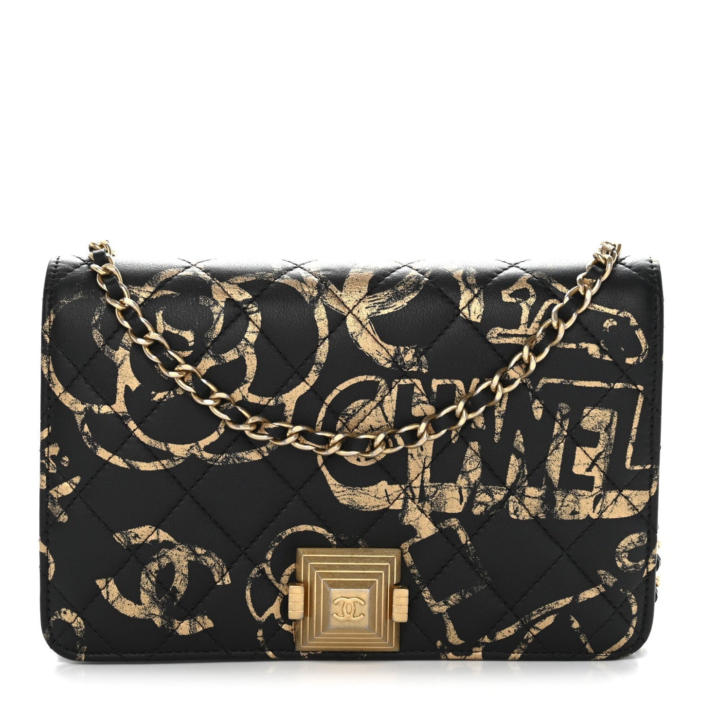 Calfskin Quilted Graffiti Pyramid Wallet On Chain WOC Black