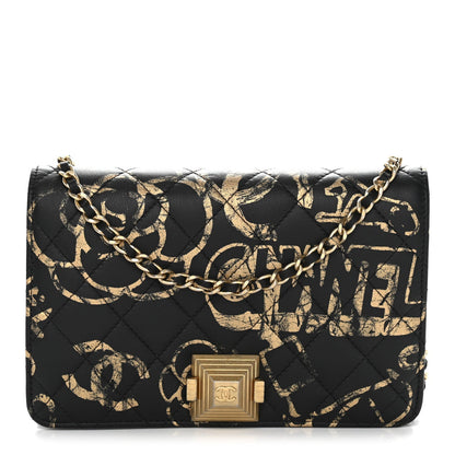 Calfskin Quilted Graffiti Pyramid Wallet On Chain WOC Black
