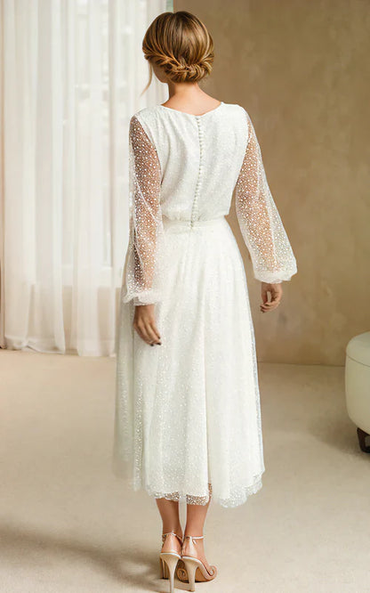 omberprom Elegant A-Line Tulle Tea-Length Long Sleeve Wedding Dress