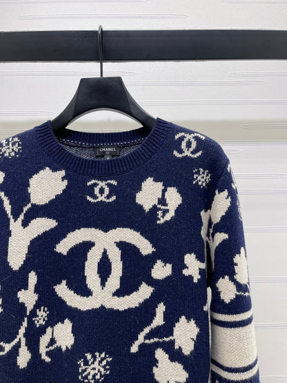 CC Double C Floral Jacquard Long-Sleeved Sweater Navy Blue Cashemere 344097