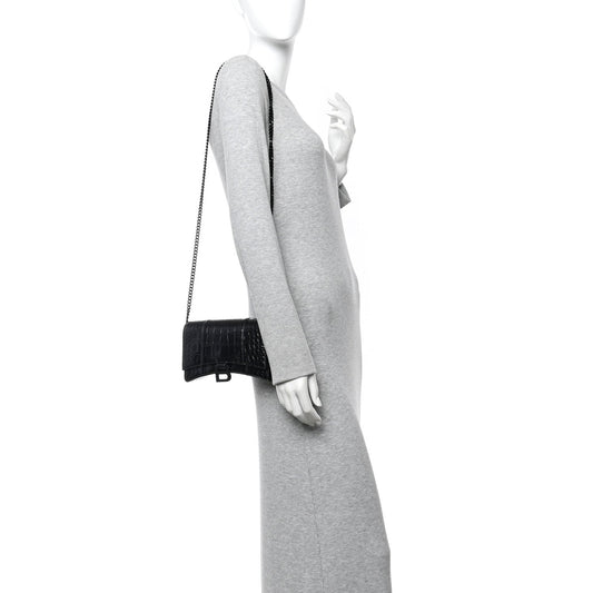 Shiny Calfskin Monochrome Crocodile Embossed Hourglass Chain Bag Black