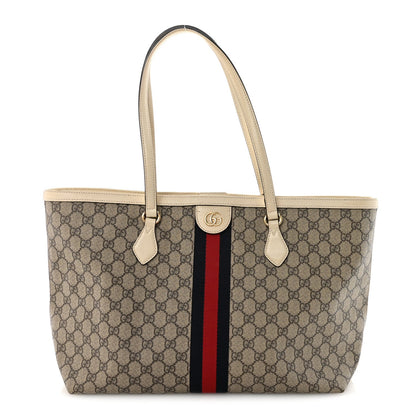 GG Supreme Monogram Textured Calfskin Web Medium Ophidia Shopping Tote Beige Ebony Mystic White