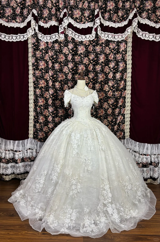 Glamorous Ivory Off-Shoulder Intricate Lace Applique Tulle Wedding Dress TP5339