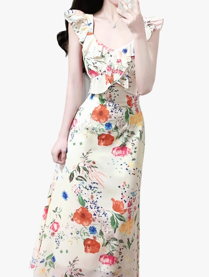 2025 Summer New Floral Ruffle French Temperament Sleeveless Dress R0903