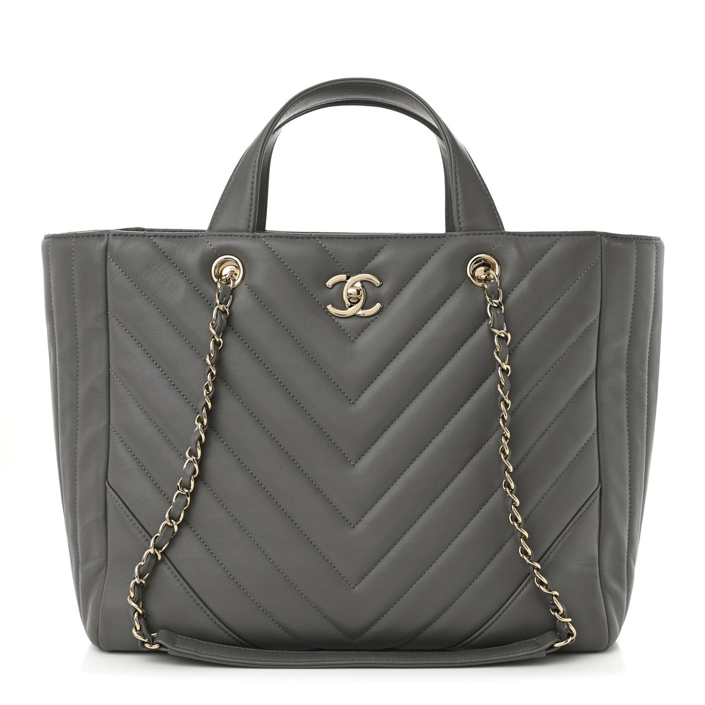 Calfskin Chevron Quilted Statement Shopping Tote Grey
