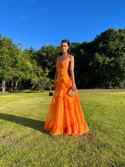 A Line Orange Long Prom Dresses V Neck Formal Dress Outfits P1899