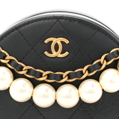 Goatskin Quilted Chic Pearls Chain Round Clutch With Chain Black