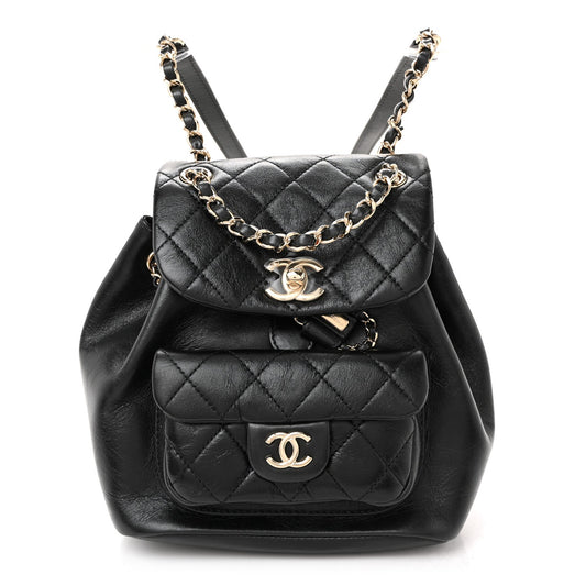 Glazed Aged Calfskin Quilted Small Duma Drawstring Backpack Black
