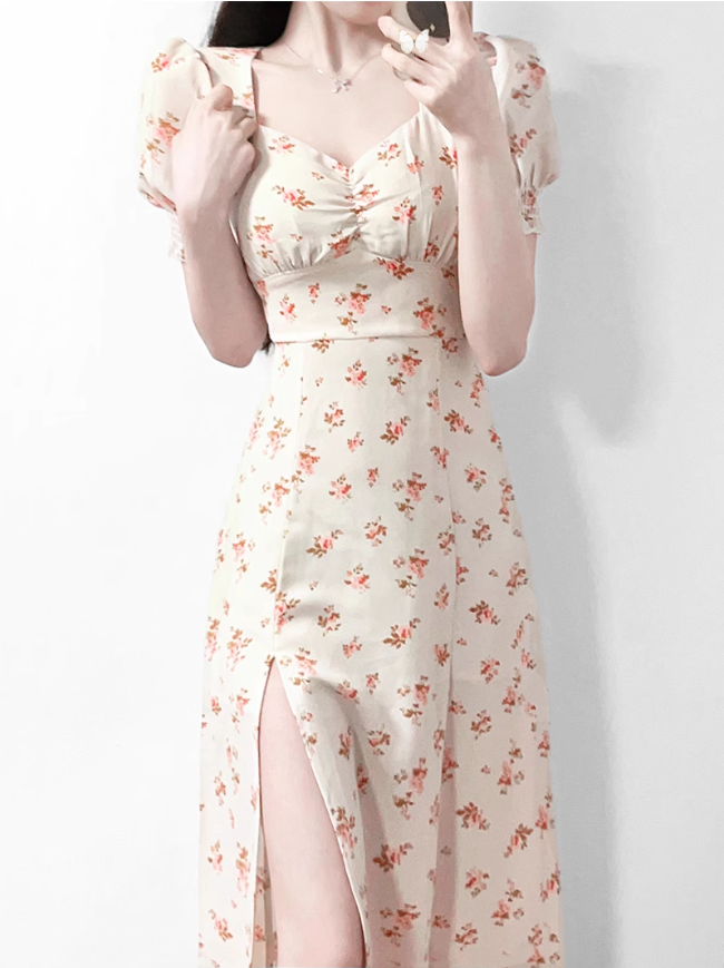 2025 Summer New French Square Neck Puff Sleeve Mid-Length Floral Waist Dress R0928