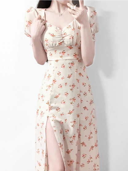 2025 Summer New French Square Neck Puff Sleeve Mid-Length Floral Waist Dress R0928