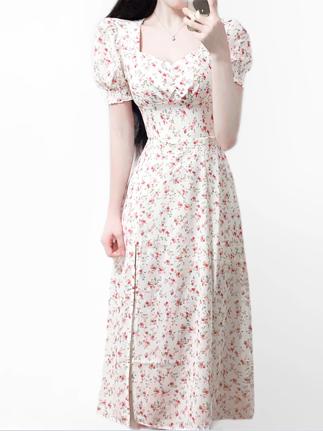 2025 summer new French pink floral girl age-reducing waist long dress R0921