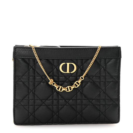 Calfskin Cannage Caro Zipped Pouch With Chain Black