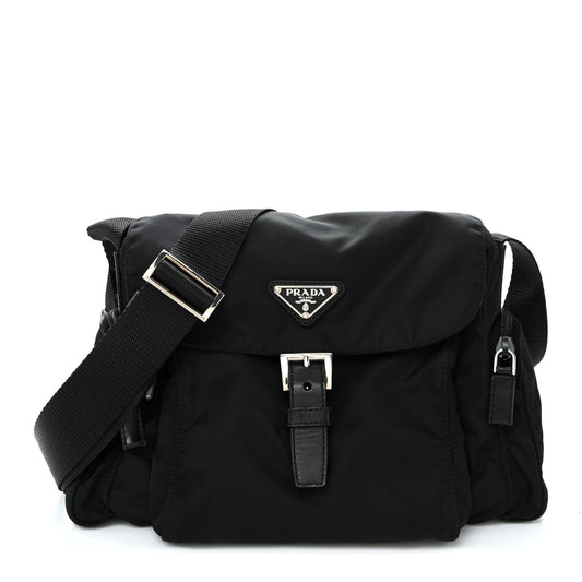 Nylon Vela Saffiano Single Buckle Messenger Shoulder Bag Black