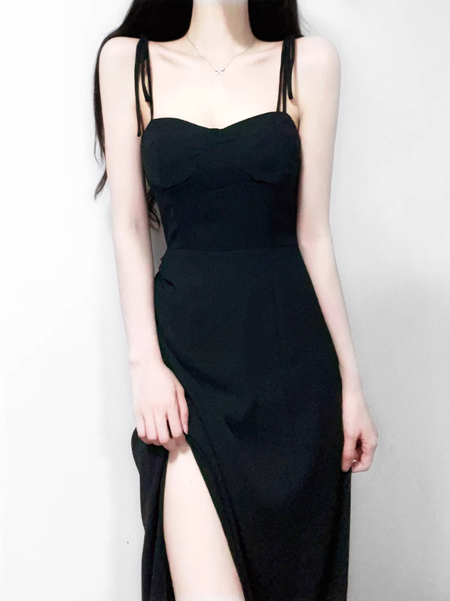 2025 Summer New French Retro Black Waist Cross High Waist Suspender Dress R0978