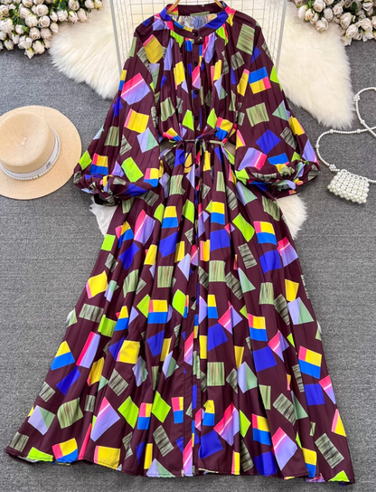 Fashion lantern long sleeve round neck waist a-line print irregular dress elegant long skirt R0404