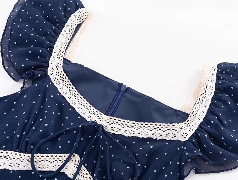 2025 Summer New Navy Retro Polka Dot French Square Neck Short Sleeve Long Dress R0927
