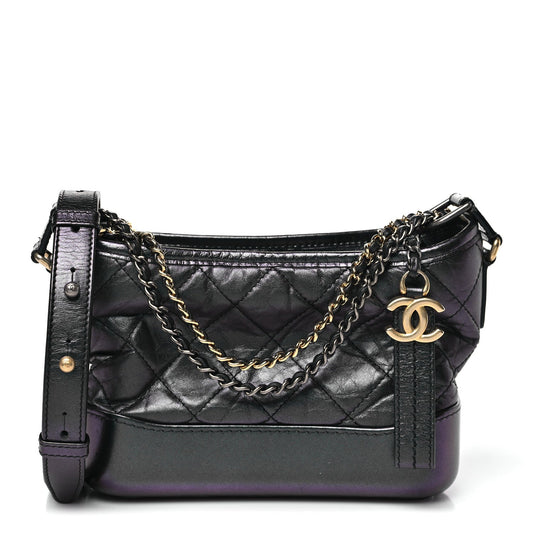 Iridescent Aged Calfskin Quilted Small Gabrielle Hobo Black