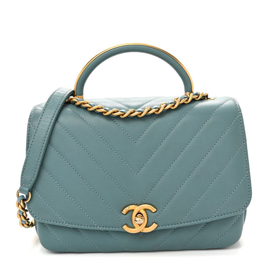 Lambskin Chevron Quilted Gold Top Handle Flap Bag Blue