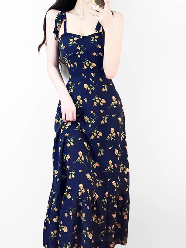 2025 Summer New French Retro Floral Beach Seaside Holiday Suspender Dress R0932