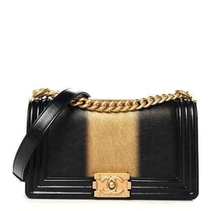 Metallic Glazed Calfskin Medium Boy Flap Black Gold