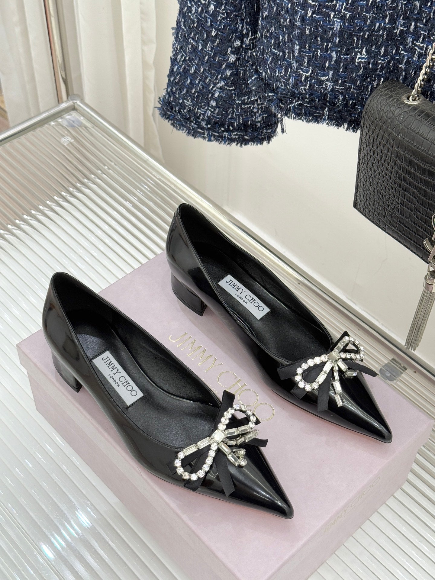 Jimmy Choo 26WF Pointed Toe Rhinestone Bow Chunky Heel Black in  Sheepskin 573540