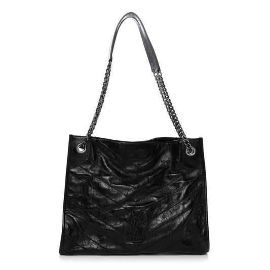Crinkled Calfskin Matelasse Monogram Medium Niki Shopper Tote Black