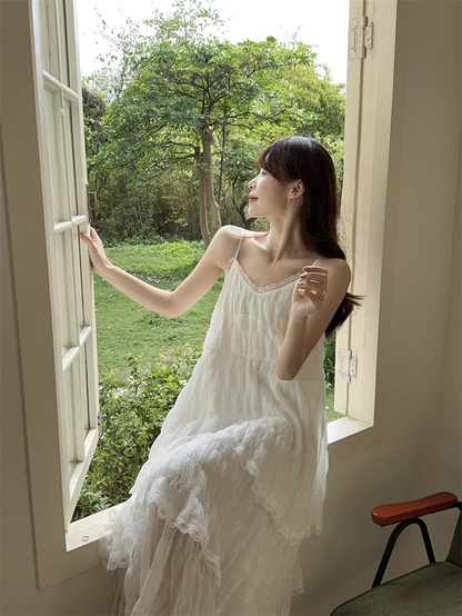 Simple Fashion White V-neck Design Lace A-line Spaghetti Strap Tiered Dress TP3345