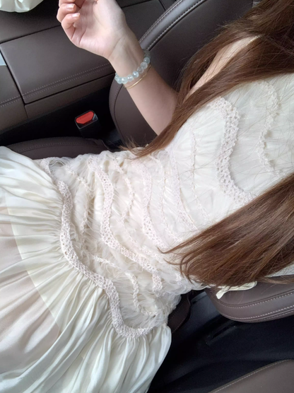 Atmosphere wear white lace sleeveless vest dress beautiful temperament waist A-line long skirt R0421