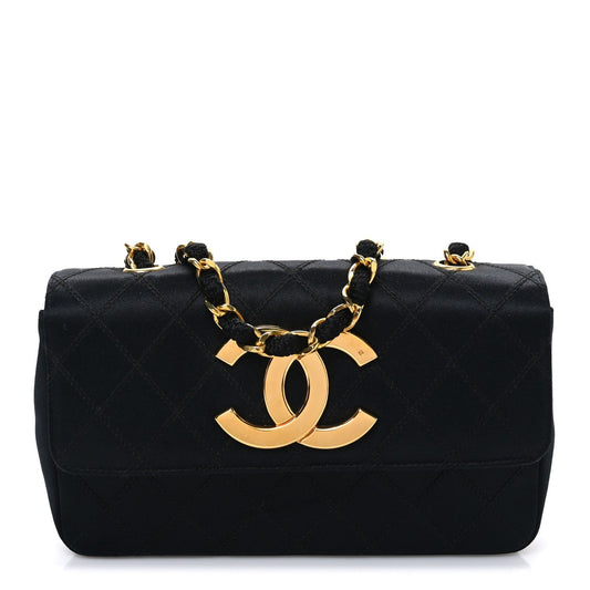 Satin Quilted Mini Single Flap Black