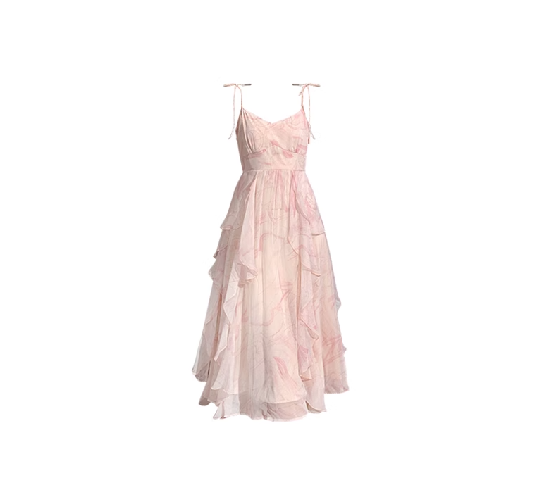 2025 new pink suspender dress ruffled fairy seaside long dress R0038