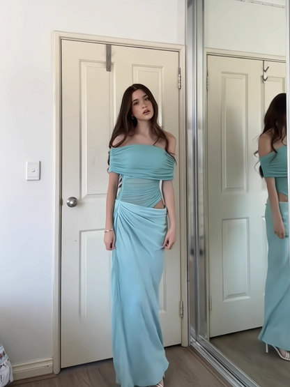 Chic Turquoise Sheath Evening Gown Off-the-shoulder Party Dress Tulle Long Formal Dress TP4927