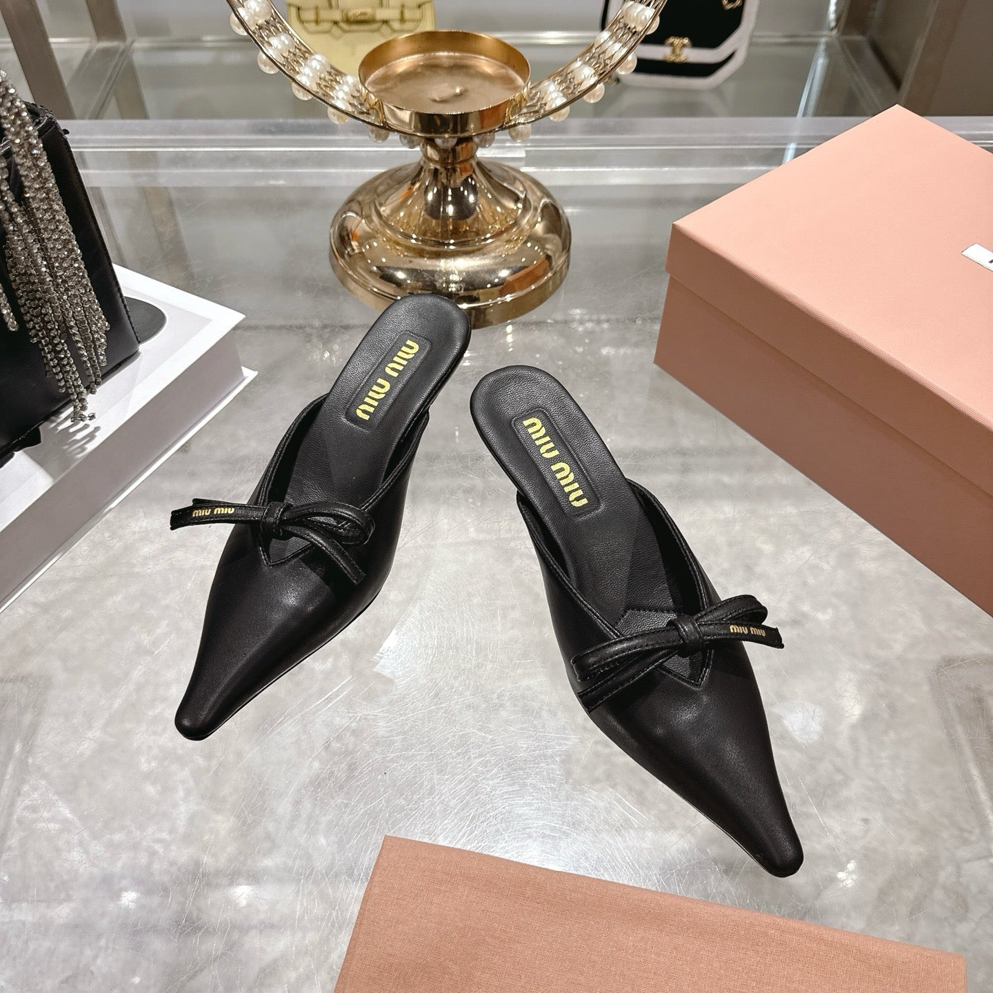 Miu 26 Pointed Toe Mule 45 Black Sheepskin 592089