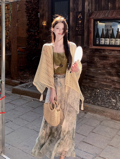 Fairy new Chinese suit butterfly embroidery sling ink dyeing skirt sweater a complete set R1747