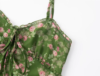 2025 Summer New Green Floral Seaside Vacation Mid-Length Suspender Dress R0941