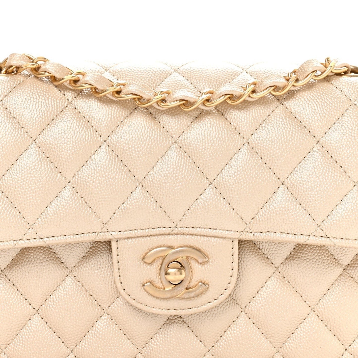 Metallic Caviar Quilted Small Double Flap Beige