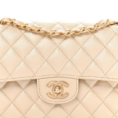 Metallic Caviar Quilted Small Double Flap Beige