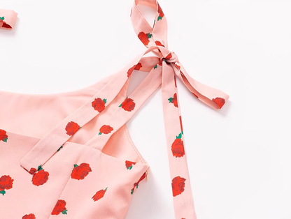 2025 Summer New Pink Floral Rose French Fishtail Long Suspender Dress R0956