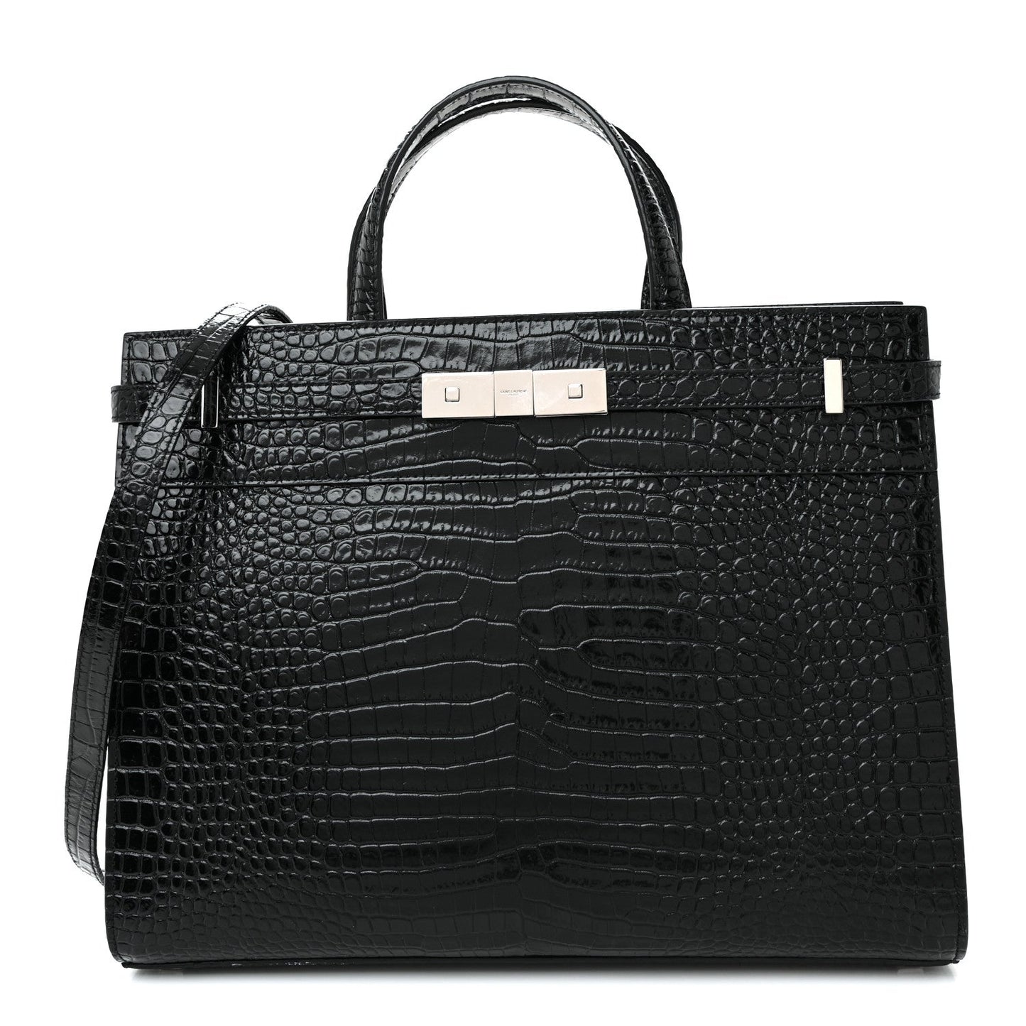 Shiny Calfskin Crocodile Embossed Small Manhattan Shopper Tote Black