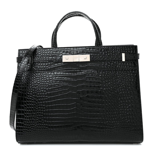 Shiny Calfskin Crocodile Embossed Small Manhattan Shopper Tote Black