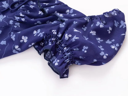 2025 Summer New Purple Floral Square Neck Puff Sleeve Retro A-line Short Dress R0949
