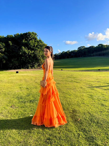 A Line Orange Long Prom Dresses V Neck Formal Dress Outfits P1899