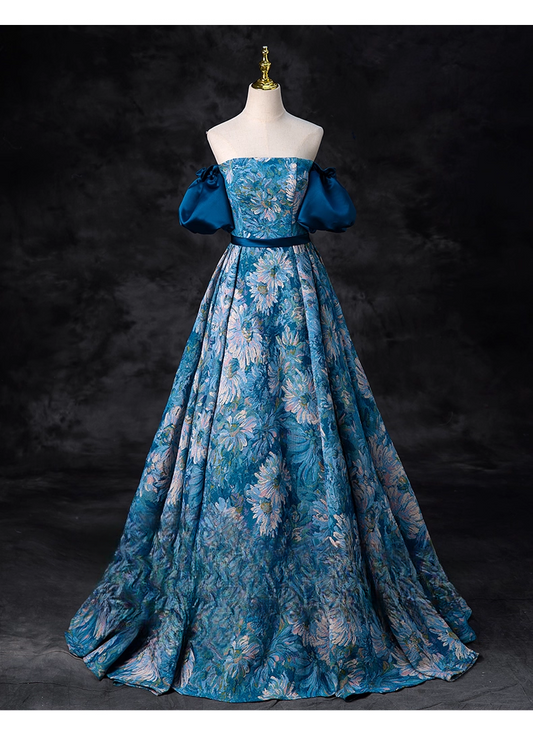 Elegant Blue Floral Satin Sweet 16 A-Line Off-the-shoulder Quinceanera Ball Gown TP5204