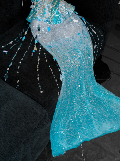 Gorgeous Sparkling Blue Sequin Beaded Mermaid Elegant Chiffon Evening Dress Prom Dresses TP4154